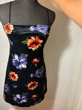 90s style Black Velvet Mini Dress with Purple & Orange Floral Print